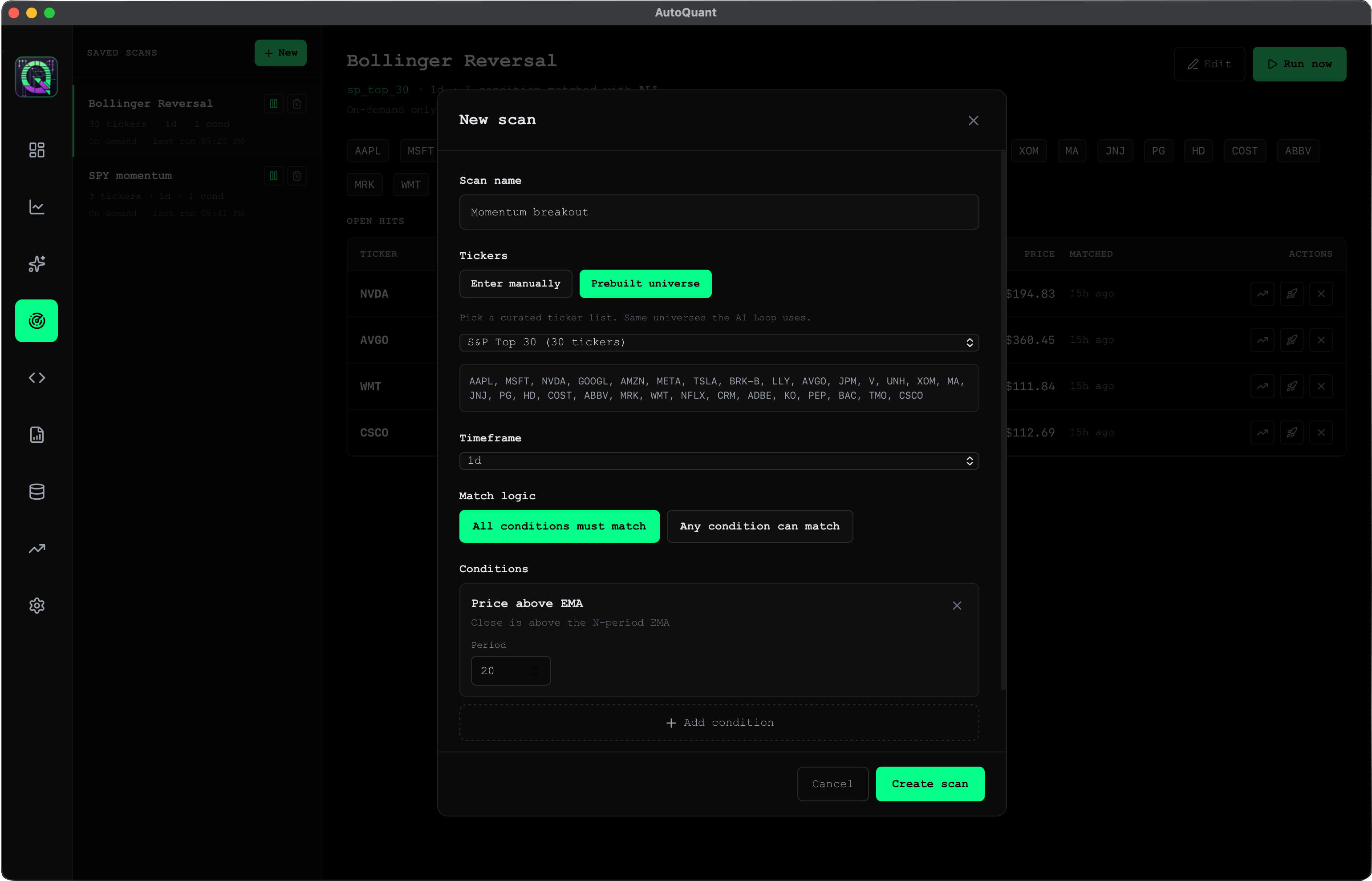 The New Scan builder in AutoQuant. Pick a prebuilt universe (S&P Top 30 selected here), choose a timeframe, set the match logic to require all conditions or any of them, and stack condition blocks. Behind the modal, the Bollinger Reversal scan already shows its hits.